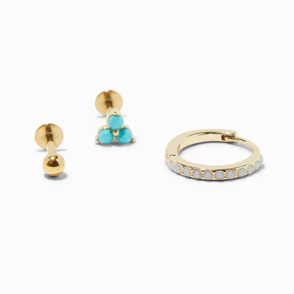 Claire’s NEW 3 Pack Cartilage Earrings Gold 16G Turquoise Flower